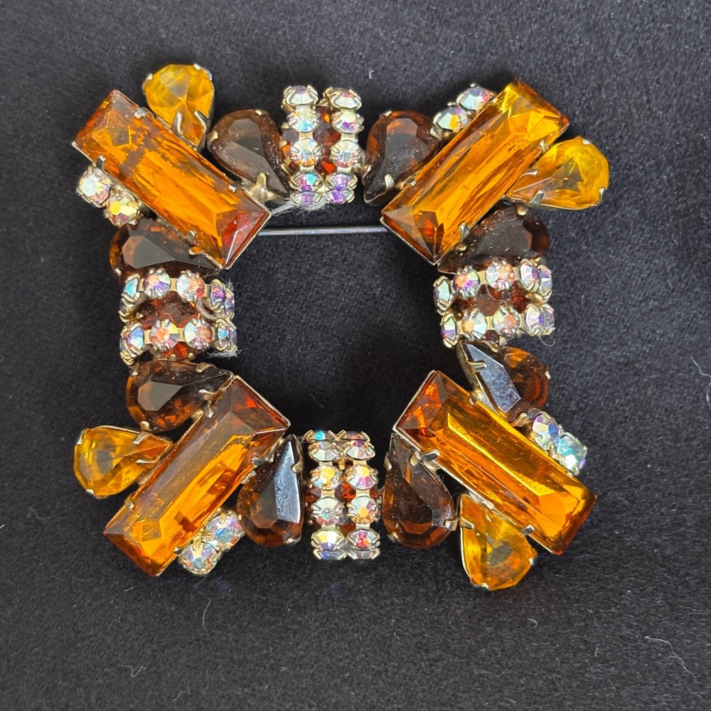 Vintage Amber Glass Brooch Aurora Borealis Rhinestone Square Pin Gold Tone Large